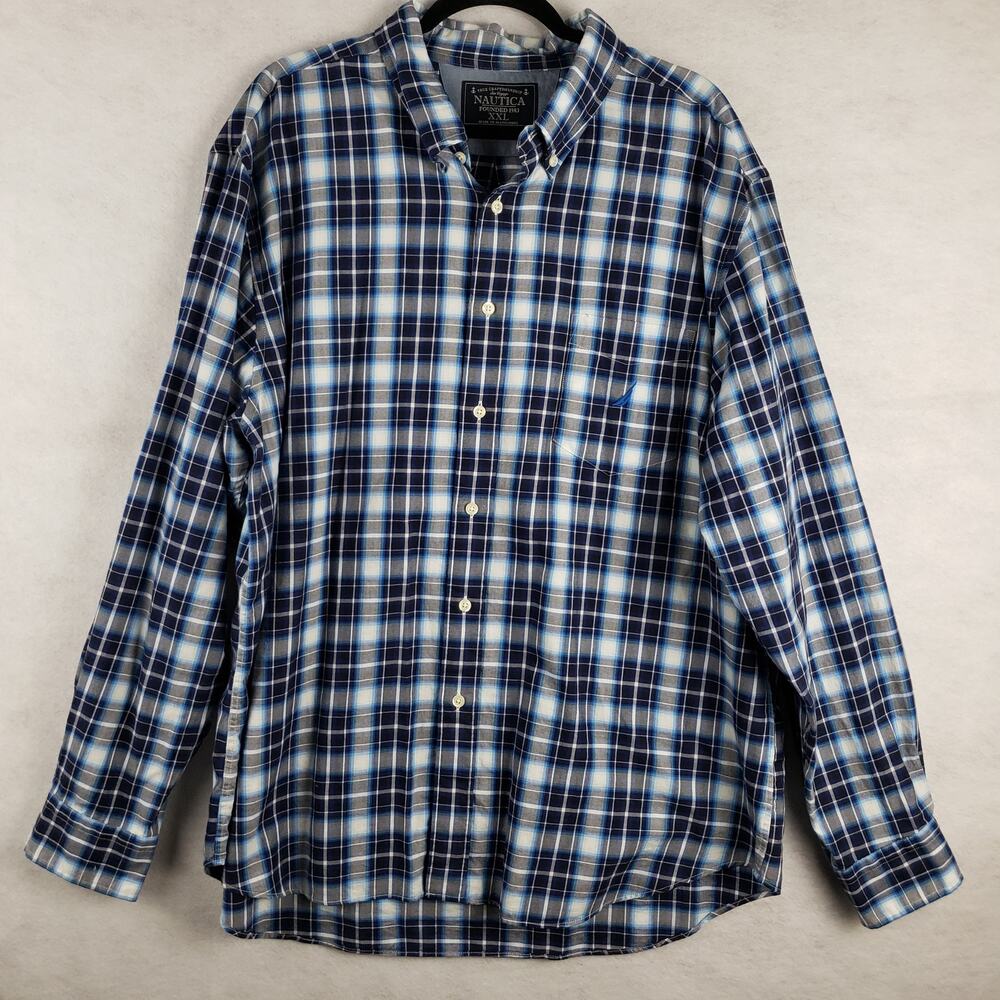 Nautica Men's XXL Long Sleeve Ginham Plaid Button Up Blue Gray Cotton‎ Classic